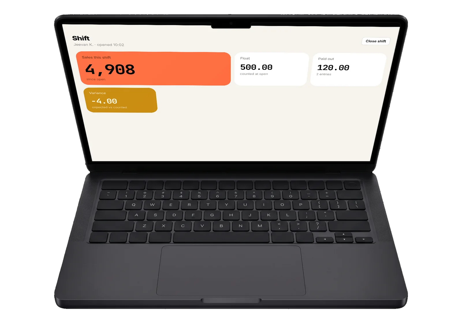 Shift & cash-up open on a laptop