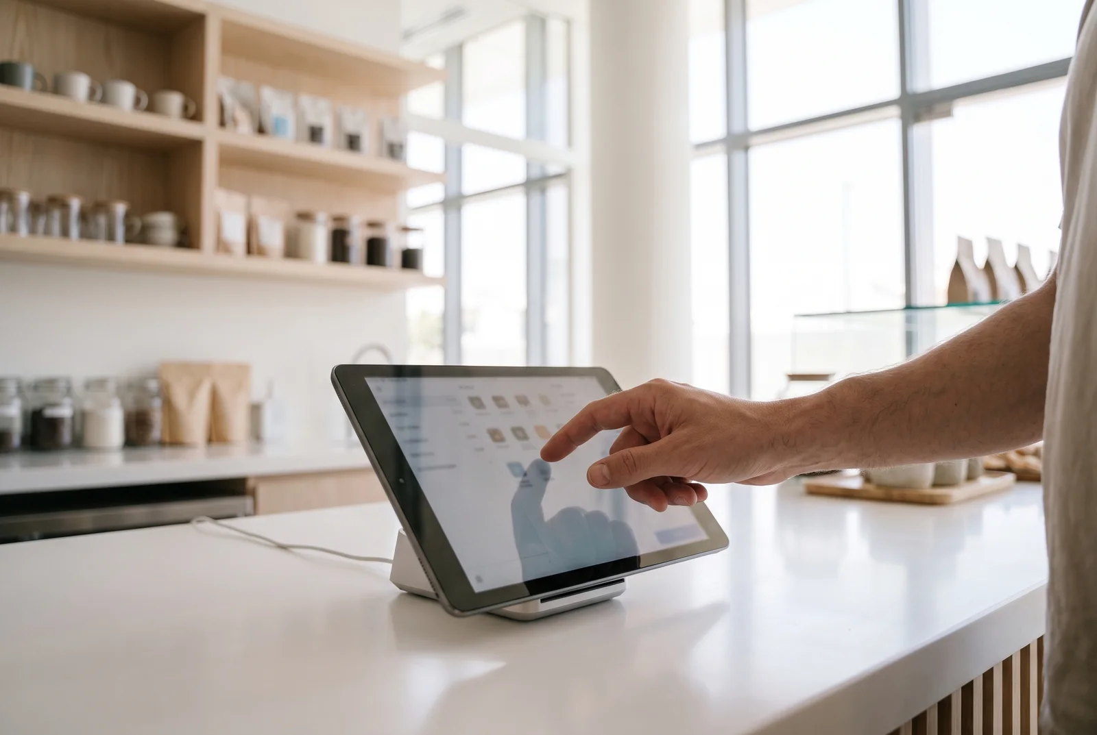 A server's hands ringing an order on the till