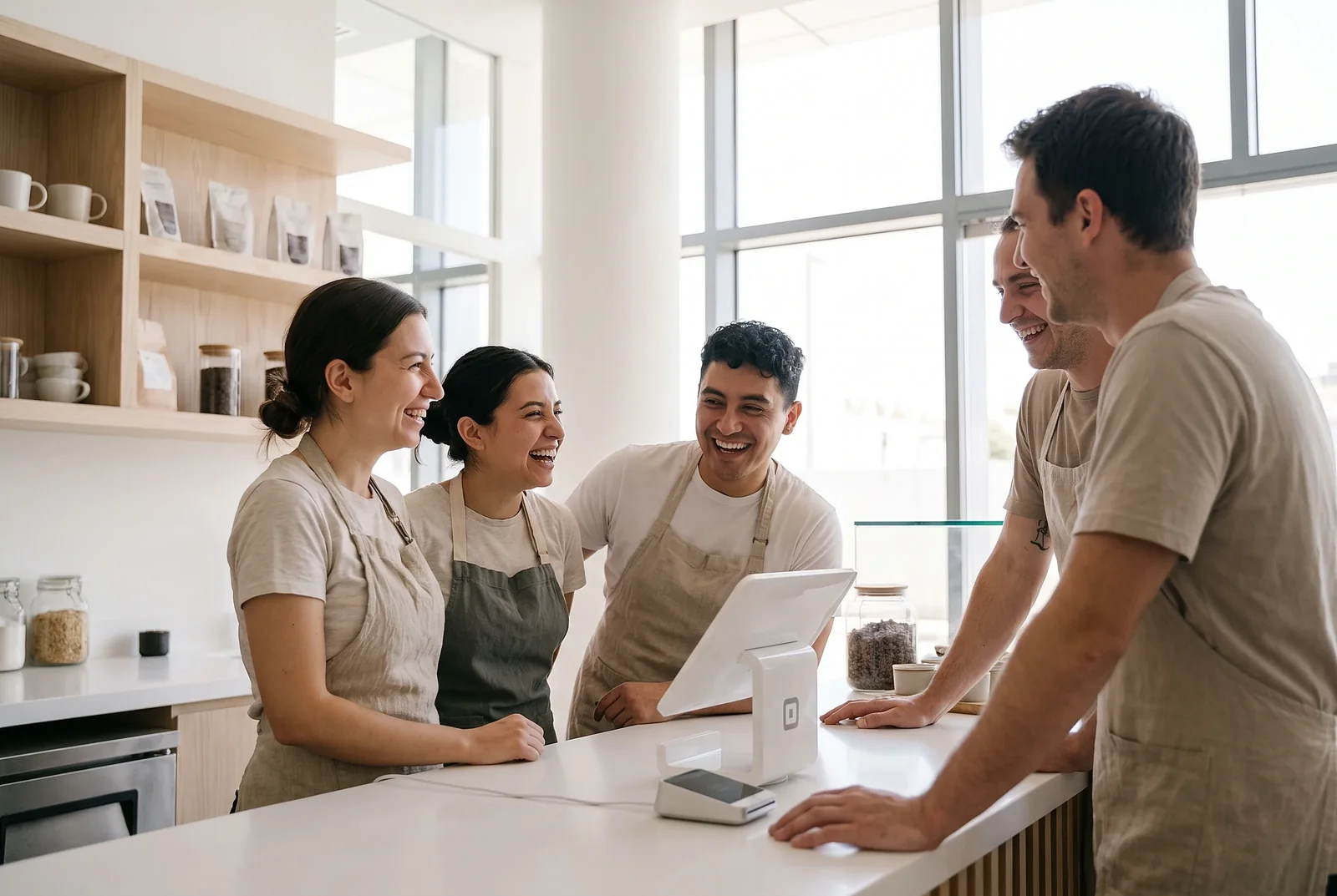 Staff gathered around a counter screen before service