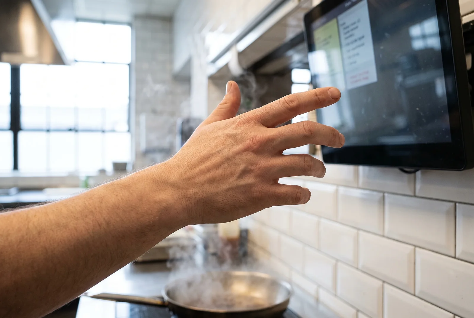 A hand reaching for a kitchen display screen