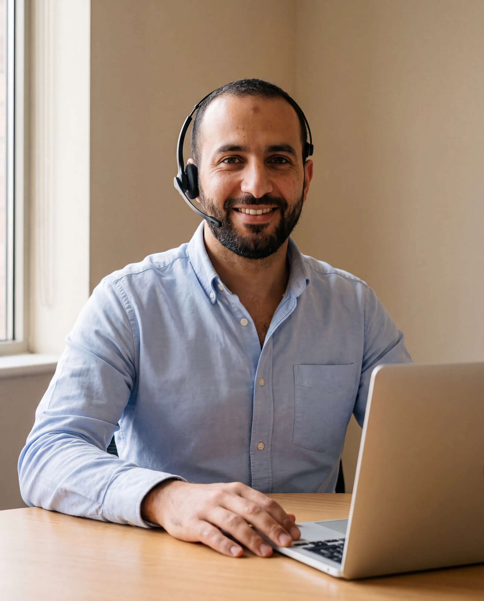 A support advisor in a headset smiles from his desk, a laptop open beside him.